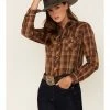 Roper Women's Plaid Print Long Sleeve Snap Western Shirt Brown -Roper Shop 2000352241 200 P1