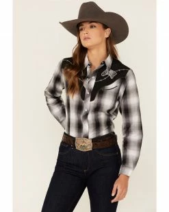 Roper Women's Plaid Print Long Sleeve Snap Western Shirt Black