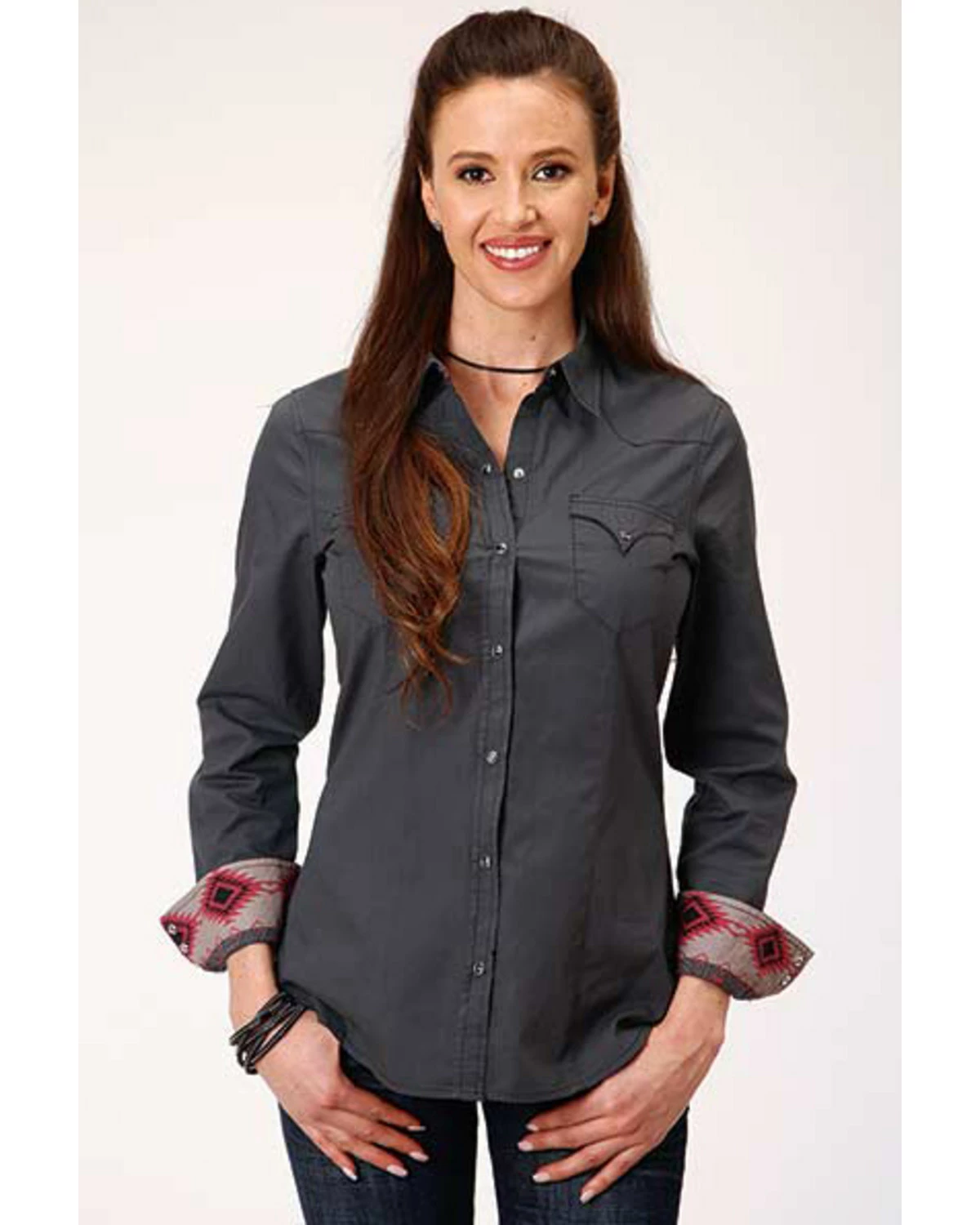 Roper Women's Grey Solid Southwestern Cuff Snap Western Shirt - Plus Size 5 Roper Women's Grey Solid Southwestern Cuff Snap Western Shirt - Plus Size - Image 3