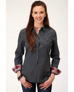 Roper Women's Grey Solid Southwestern Cuff Snap Western Shirt - Plus Size