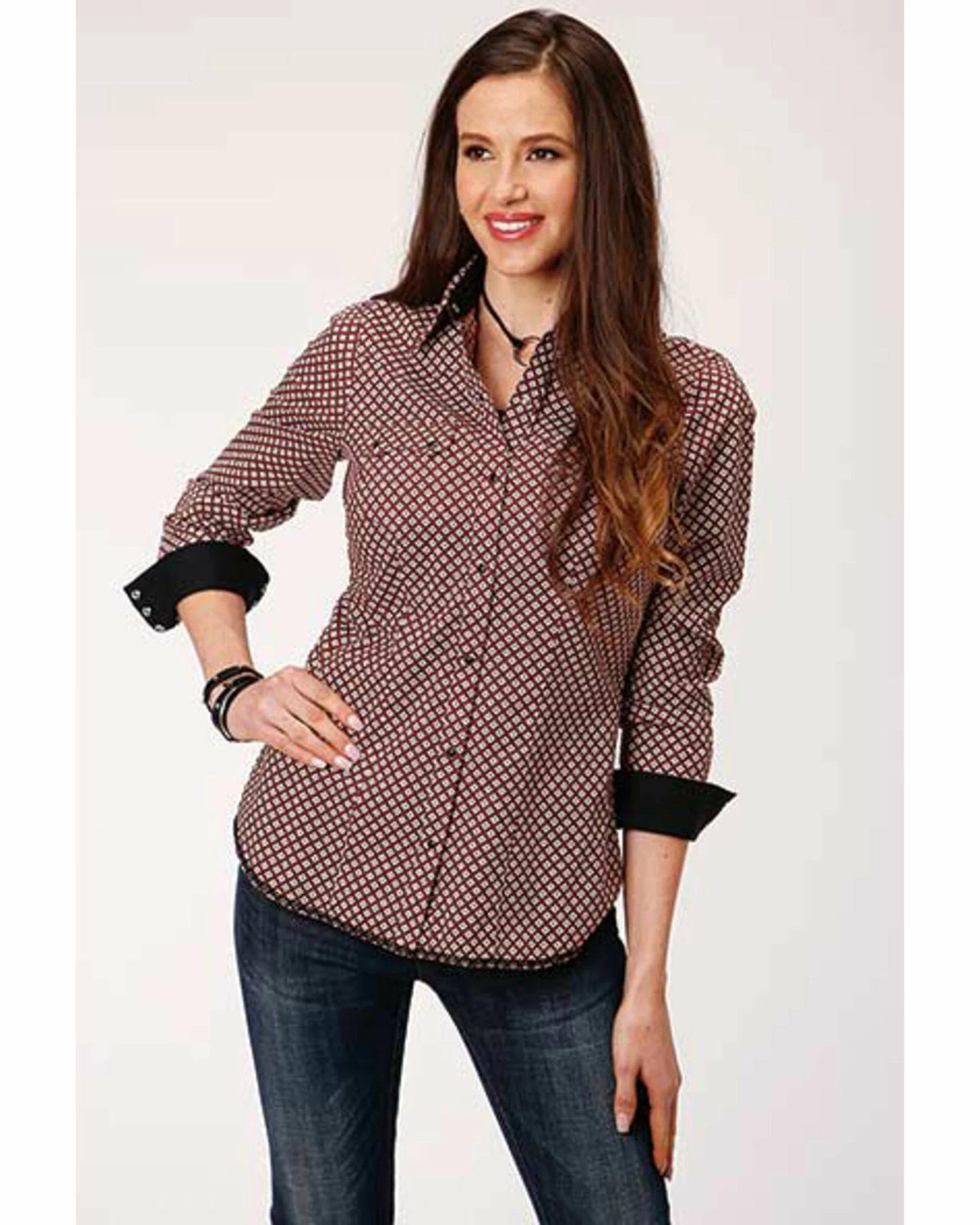 Roper Women's Red Diamond Print Snap Western Shirt 3 Roper Women's Red Diamond Print Snap Western Shirt