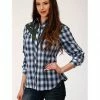 Roper Women's Plaid Print Contrast Yoke Long Sleeve Western Snap Shirt Blue -Roper Shop 2000352255 400 P1