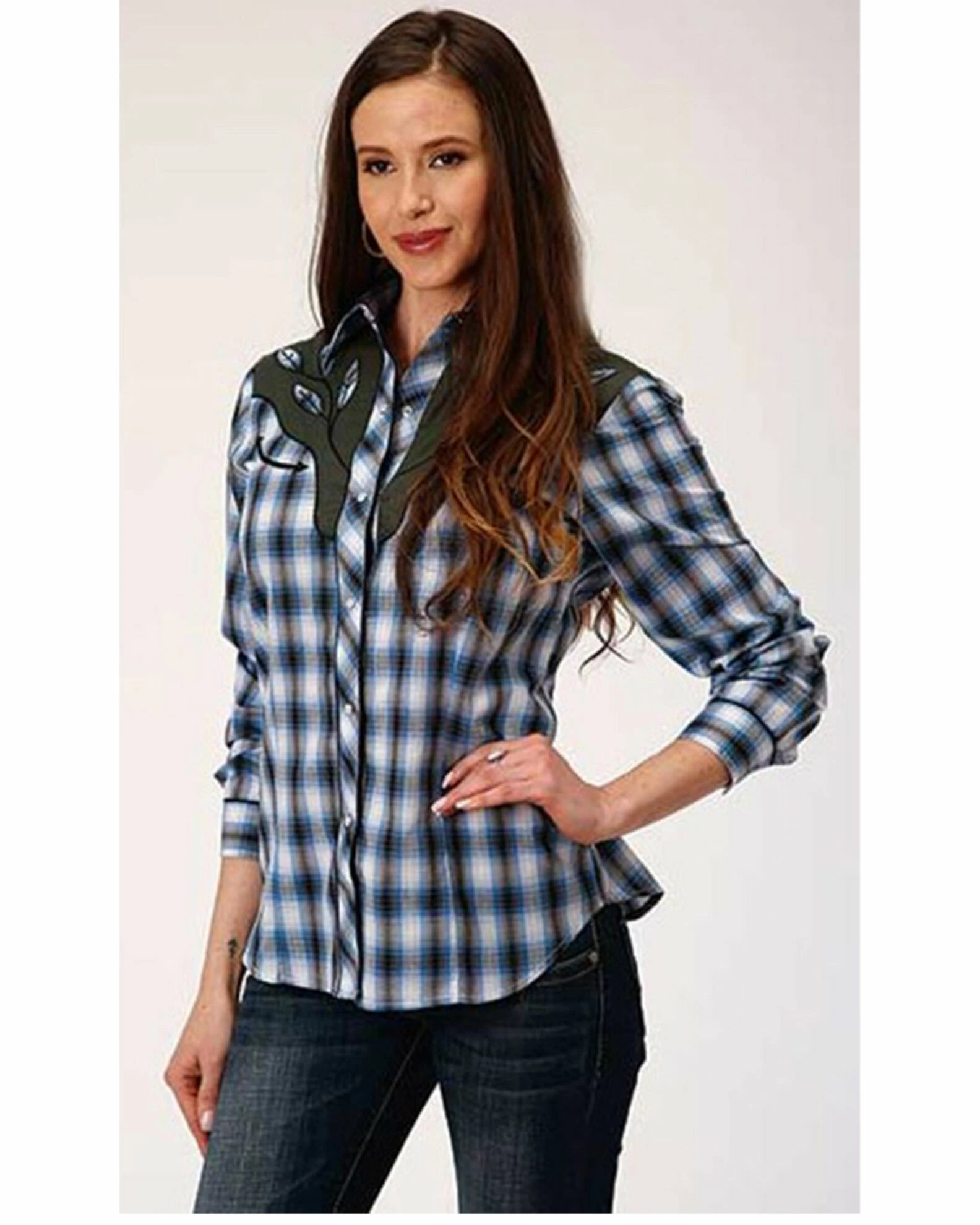 Roper Women's Plaid Print Contrast Yoke Long Sleeve Western Snap Shirt Blue 3 Roper Women's Plaid Print Contrast Yoke Long Sleeve Western Snap Shirt Blue