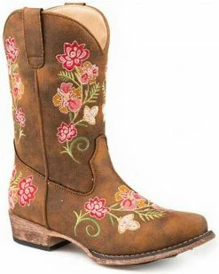 Roper Girls' Tan Juliet Vintage Faux Leather Embroidered Western Boot - Snip Toe 