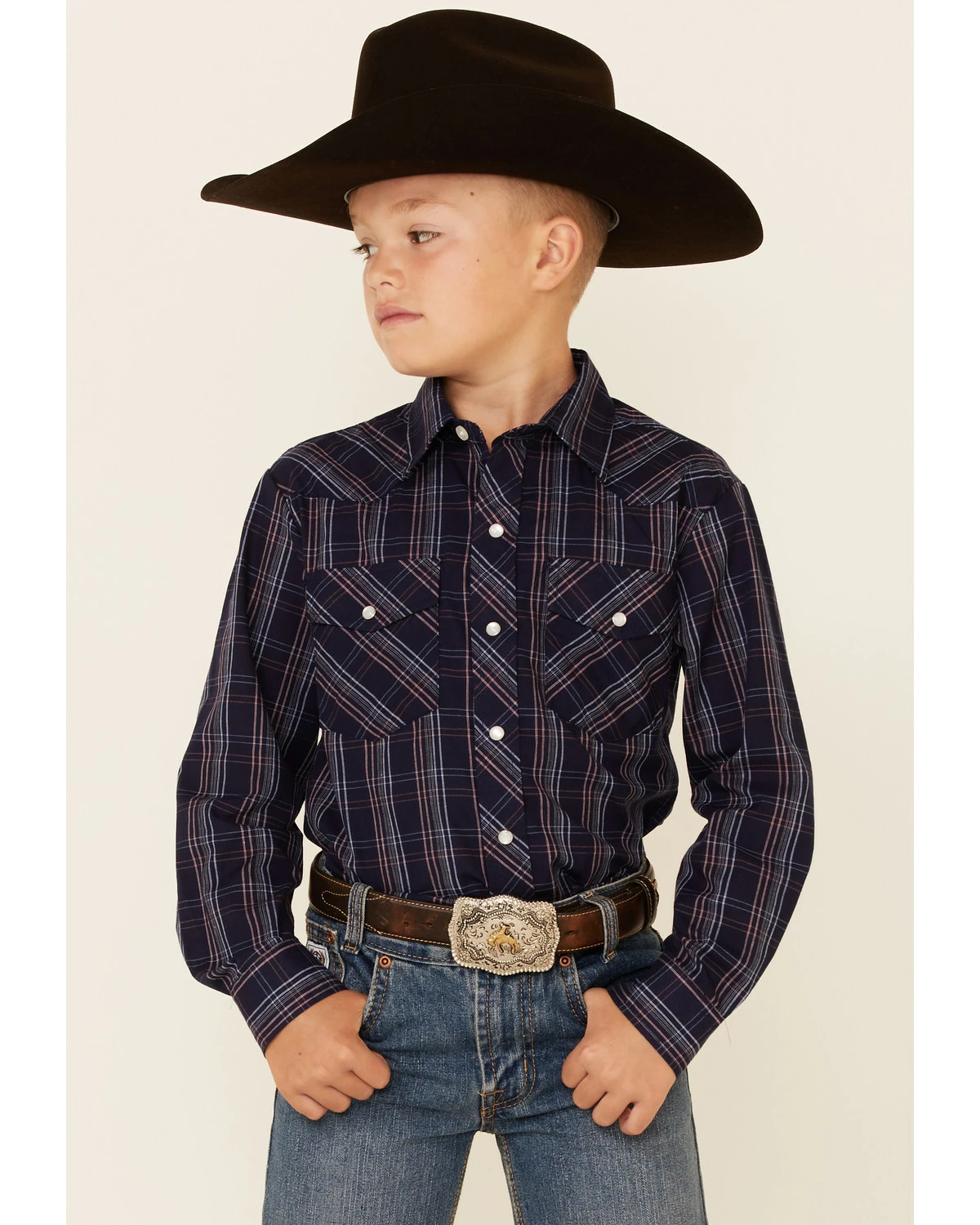 Roper Boys' Multi Windowpane Plaid Long Sleeve Snap Western Shirt Navy 7 Roper Boys' Multi Windowpane Plaid Long Sleeve Snap Western Shirt Navy - Image 5