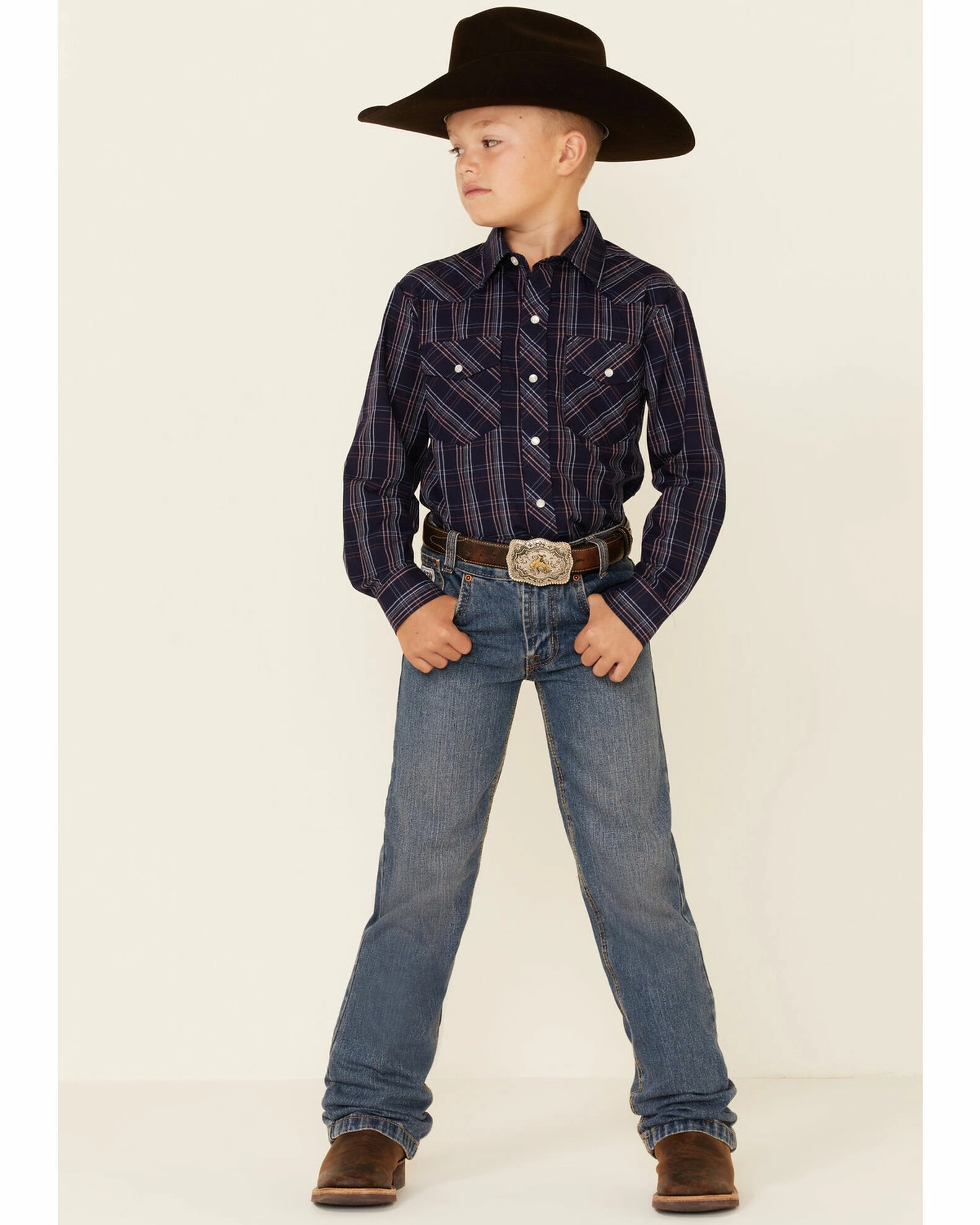 Roper Boys' Multi Windowpane Plaid Long Sleeve Snap Western Shirt Navy 4 Roper Boys' Multi Windowpane Plaid Long Sleeve Snap Western Shirt Navy - Image 2