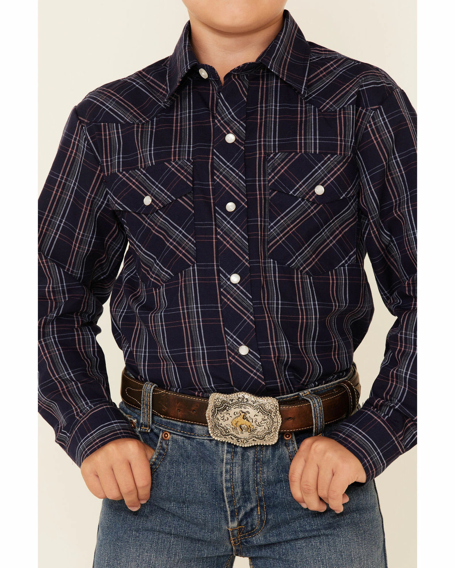 Roper Boys' Multi Windowpane Plaid Long Sleeve Snap Western Shirt Navy 5 Roper Boys' Multi Windowpane Plaid Long Sleeve Snap Western Shirt Navy - Image 3