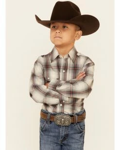 Roper Boys' Grey Smoke Ombre Plaid Long Sleeve Snap Western Shirt 