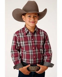 Roper Boys' Red Rock Plaid Long Sleeve Snap Western Shirt 
