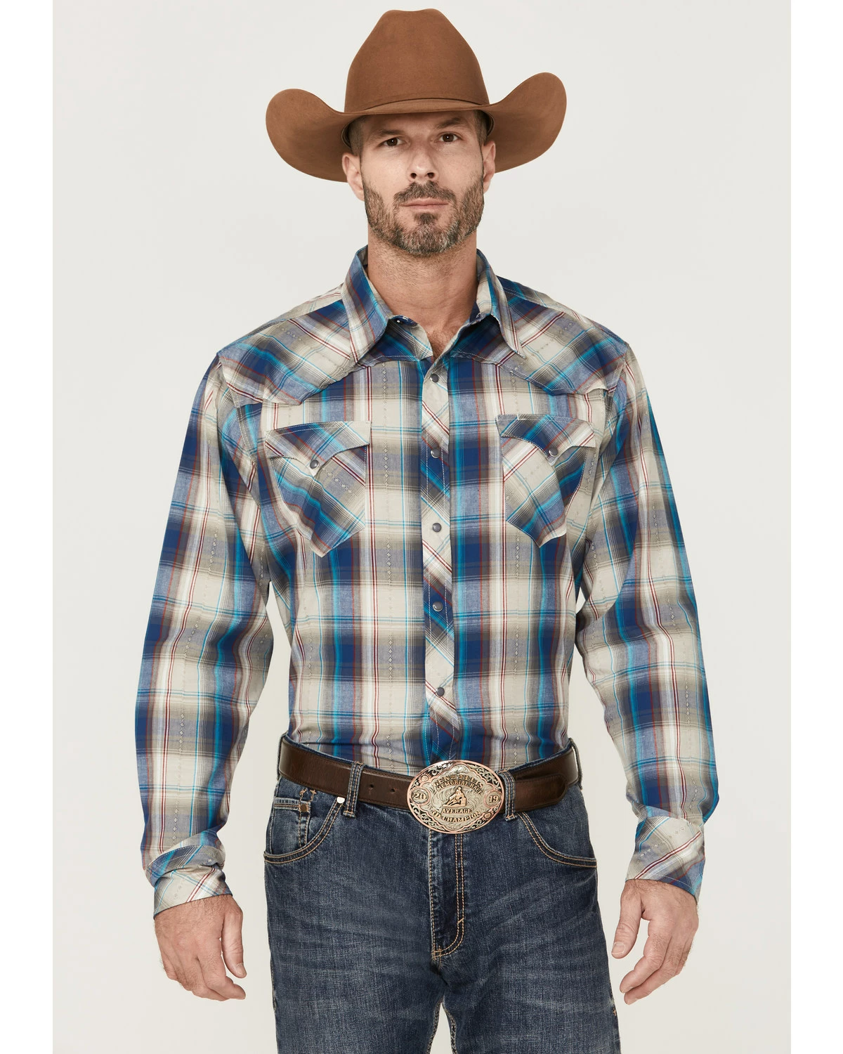 Roper Men's Denim Dobby Large Plaid Long Sleeve Snap Western Shirt Blue 7 Roper Men's Denim Dobby Large Plaid Long Sleeve Snap Western Shirt Blue - Image 5