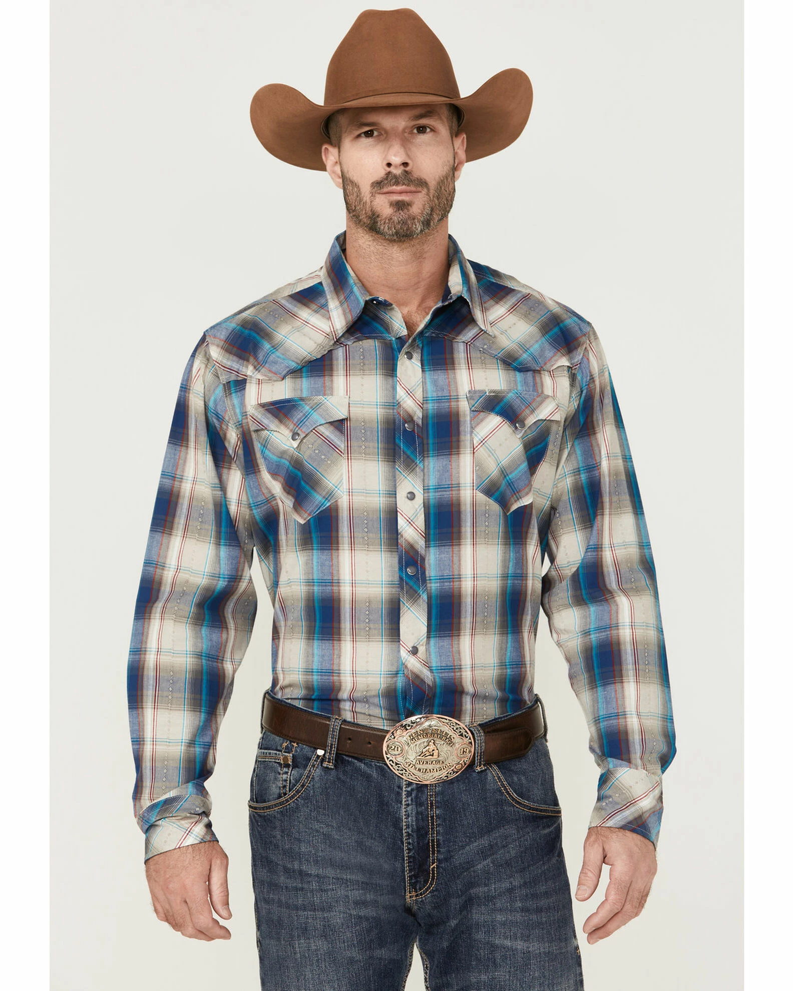 Roper Men's Denim Dobby Large Plaid Long Sleeve Snap Western Shirt Blue 3 Roper Men's Denim Dobby Large Plaid Long Sleeve Snap Western Shirt Blue