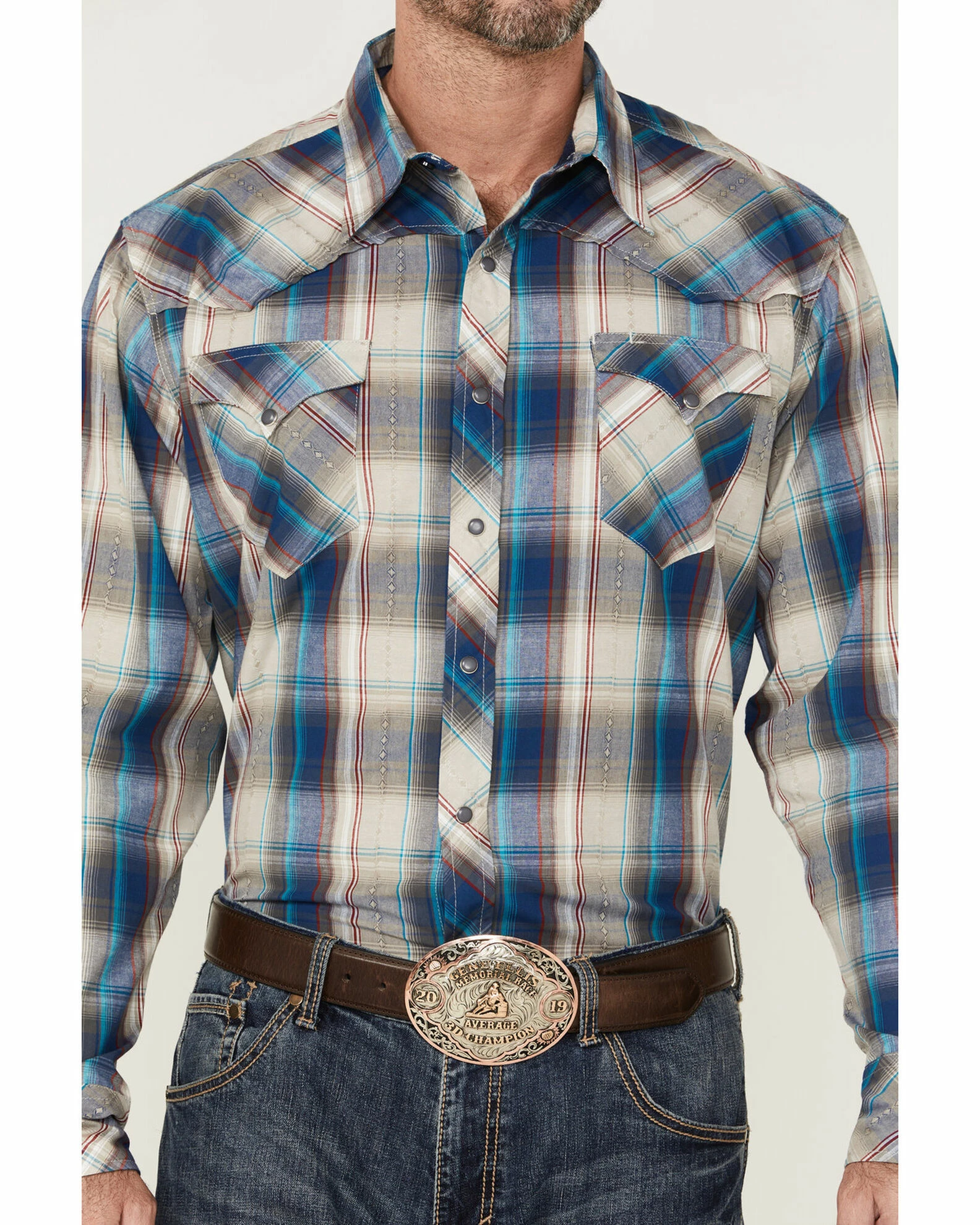 Roper Men's Denim Dobby Large Plaid Long Sleeve Snap Western Shirt Blue 5 Roper Men's Denim Dobby Large Plaid Long Sleeve Snap Western Shirt Blue - Image 3