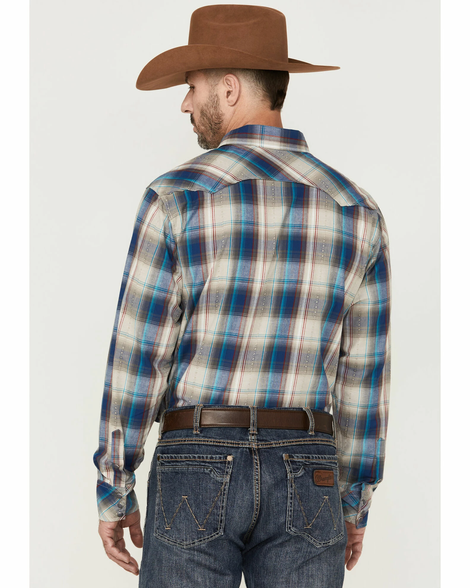 Roper Men's Denim Dobby Large Plaid Long Sleeve Snap Western Shirt Blue 6 Roper Men's Denim Dobby Large Plaid Long Sleeve Snap Western Shirt Blue - Image 4