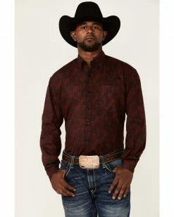 Roper Men's Wine Oakleaf Paisley Print Long Sleeve Button-Down Western Shirt