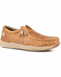 Roper Men's Clear Cut Low Stamped Ostrich Leather Chukka Shoe - Moc Toe Tan
