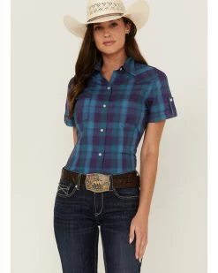 Roper Women's Amarillo Plaid Print Short Sleeve Button-Down Western Shirt Purple -Roper Shop 2000358895 500 P1 1