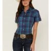 Roper Women's Amarillo Plaid Print Short Sleeve Button-Down Western Shirt Purple