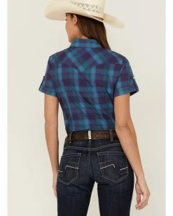 Roper Women's Amarillo Plaid Print Short Sleeve Button-Down Western Shirt Purple -Roper Shop 2000358895 500 P3