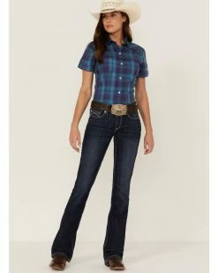 Roper Women's Amarillo Plaid Print Short Sleeve Button-Down Western Shirt Purple -Roper Shop 2000358895 500 P4