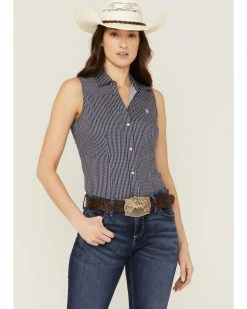Roper Women's Amarillo Poplin Sleeveless Snap Western Shirt Navy