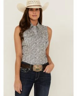 Roper Women's Paisley Print Sleeveless Snap Western Shirt  White