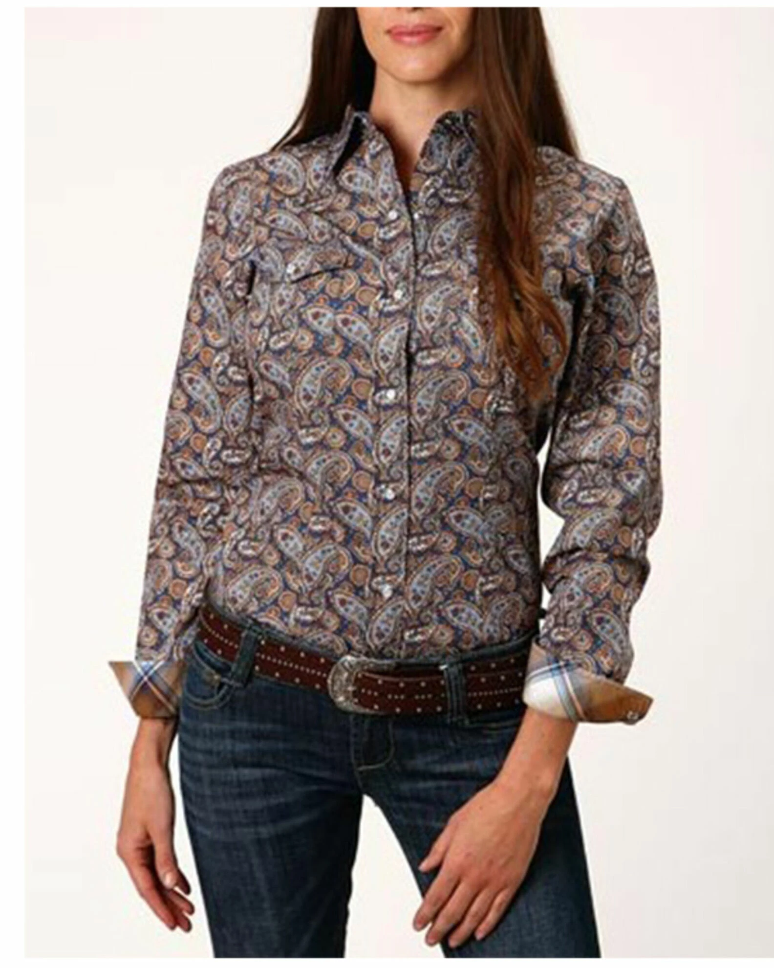 Roper Women's Amarillo Paisley Print Long Sleeve Western Snap Shirt - Plus Navy 3 Roper Women's Amarillo Paisley Print Long Sleeve Western Snap Shirt - Plus Navy