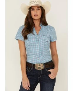 Roper Women's Amarillo Plaid Print Short Sleeve Snap Stretch Western Shirt Blue -Roper Shop 2000358903 400 P1 1