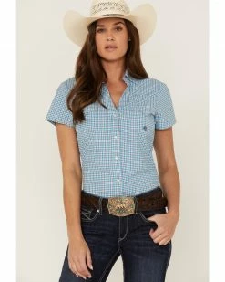 Roper Women's Amarillo Plaid Print Short Sleeve Snap Stretch Western Shirt Blue