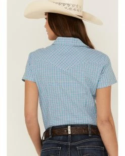 Roper Women's Amarillo Plaid Print Short Sleeve Snap Stretch Western Shirt Blue -Roper Shop 2000358903 400 P3
