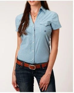 Roper Women's Amarillo Plaid Short Sleeve Snap Stretch Western Shirt - Plus Blue