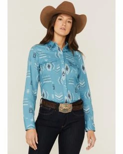 Roper Women's Southwestern Print Long Sleeve Western Snap Shirt Blue