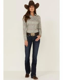 Roper Women's Southwestern Print Long Sleeve Western Snap Shirt Grey -Roper Shop 2000358908 020 P4