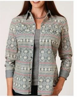Roper Women's Southwestern Print Long Sleeve Snap Western Shirt - Plus Grey -Roper Shop 2000358909 020 P1 1