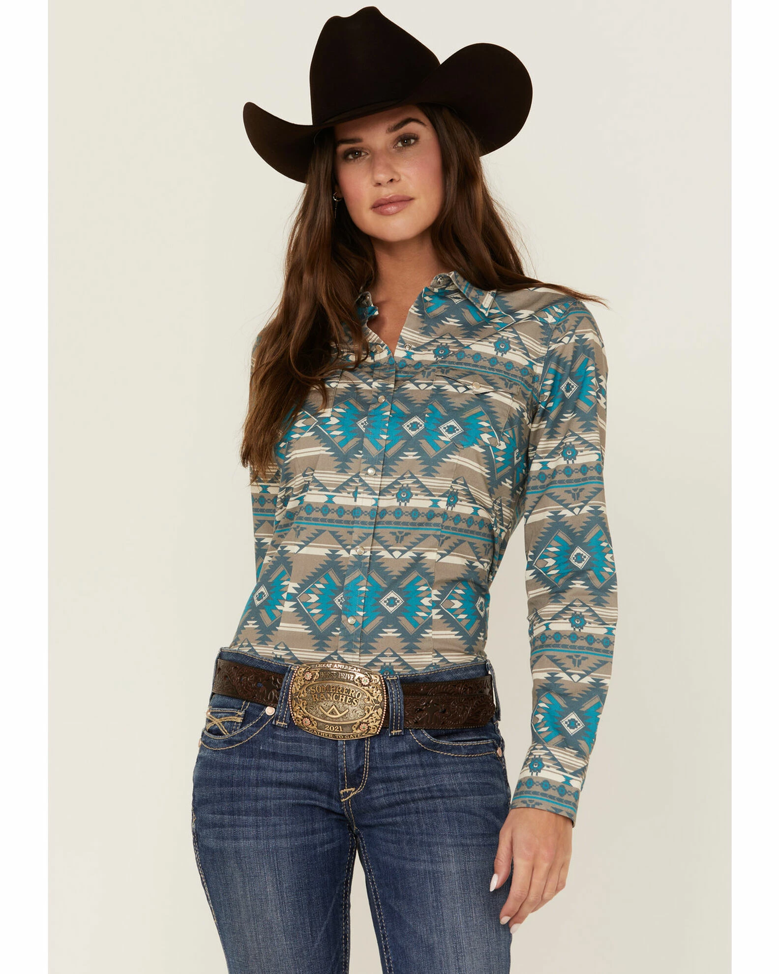 Roper Women's Southwestern Print Long Sleeve Snap Western Shirt Brown 3 Roper Women's Southwestern Print Long Sleeve Snap Western Shirt Brown