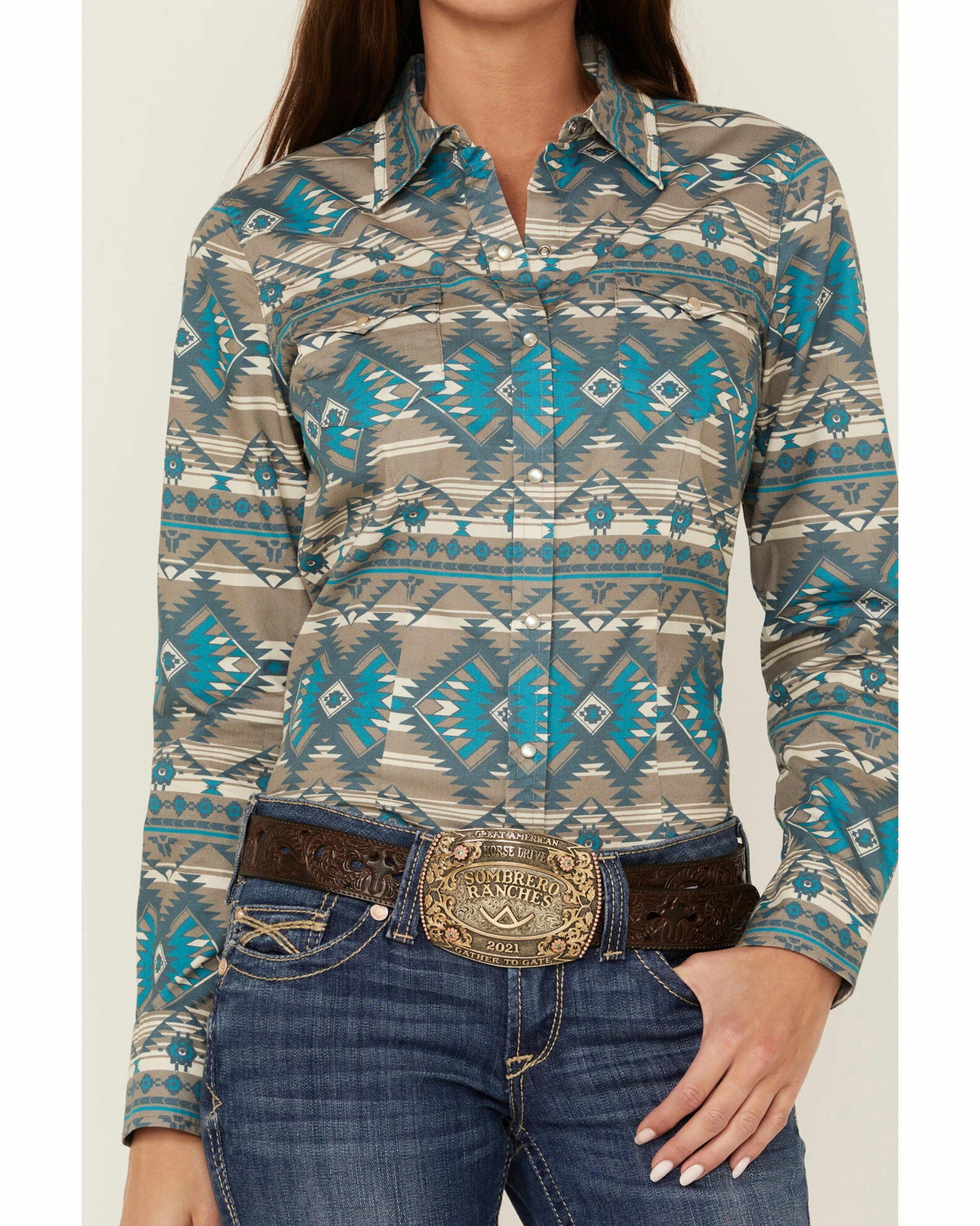 Roper Women's Southwestern Print Long Sleeve Snap Western Shirt Brown 4 Roper Women's Southwestern Print Long Sleeve Snap Western Shirt Brown - Image 2