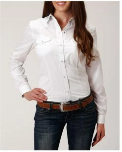 Roper Women's Solid Long Sleeve Snap Western Shirt - Plus White