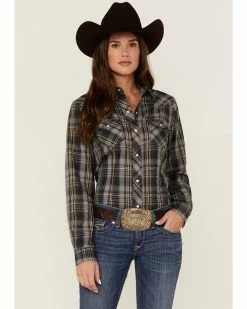 Roper Women's Plaid Print Long Sleeve Snap Western Shirt Navy