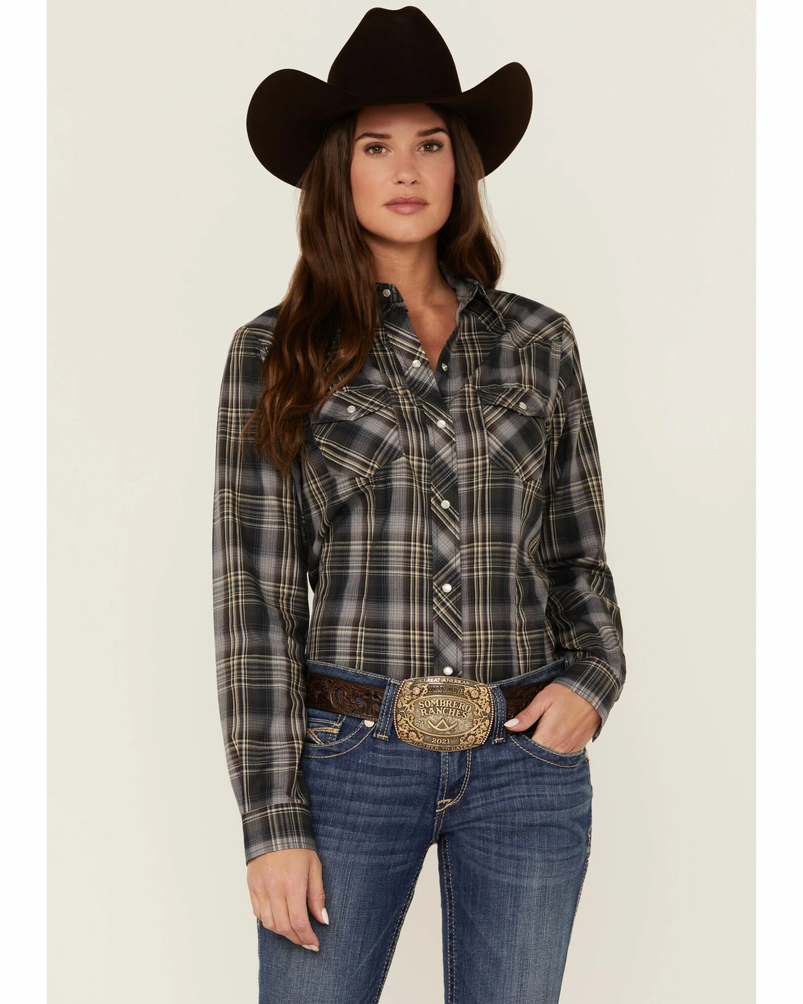 Roper Women's Plaid Print Long Sleeve Snap Western Shirt Navy 3 Roper Women's Plaid Print Long Sleeve Snap Western Shirt Navy