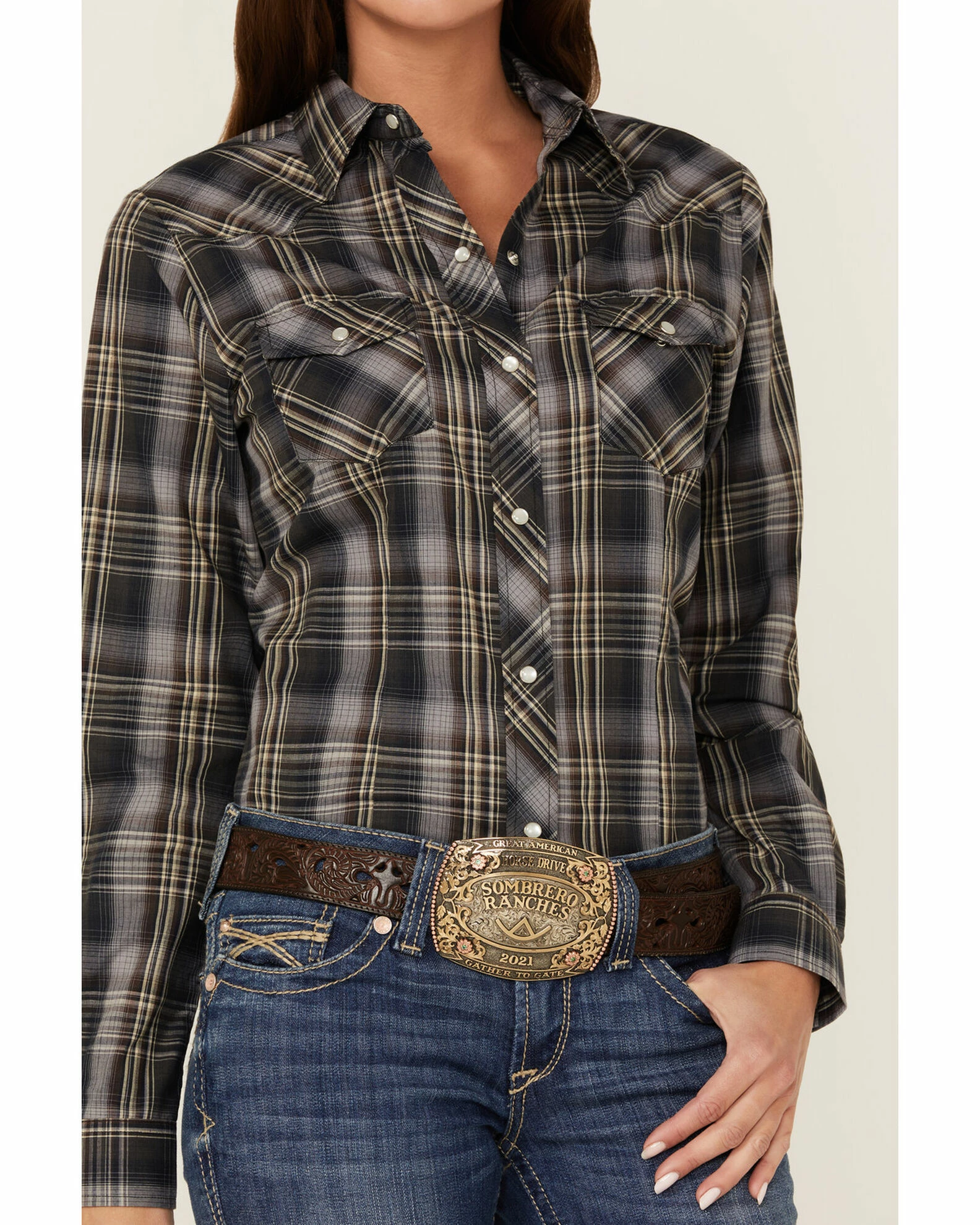 Roper Women's Plaid Print Long Sleeve Snap Western Shirt Navy 4 Roper Women's Plaid Print Long Sleeve Snap Western Shirt Navy - Image 2