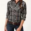 Roper Women's Plaid Print Long Sleeve Snap Western Shirt - Plus Navy