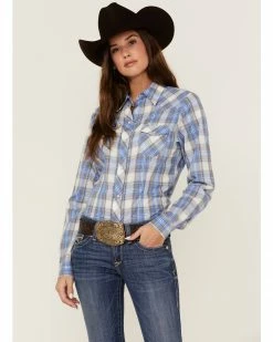 Roper Women's Classic Plaid Print Long Sleeve Snap Western Shirt Blue -Roper Shop 2000358915 400 P1 1