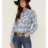 Roper Women's Classic Plaid Print Long Sleeve Snap Western Shirt Blue