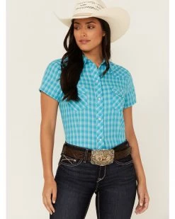 Roper Women's Plaid Print Short Sleeve Snap Western Shirt Teal -Roper Shop 2000358916 442 P1 1