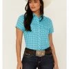 Roper Women's Plaid Print Short Sleeve Snap Western Shirt Teal -Roper Shop 2000358916 442 P1