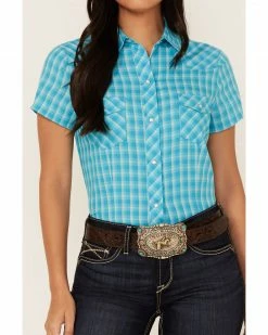 Roper Women's Plaid Print Short Sleeve Snap Western Shirt Teal -Roper Shop 2000358916 442 P3