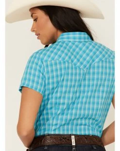 Roper Women's Plaid Print Short Sleeve Snap Western Shirt Teal -Roper Shop 2000358916 442 P4