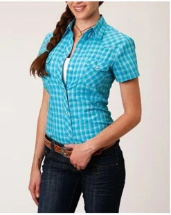 Roper Women's Plaid Print Short Sleeve Snap Western Shirt - Plus Teal -Roper Shop 2000358917 442 P1 1