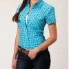 Roper Women's Plaid Print Short Sleeve Snap Western Shirt - Plus Teal