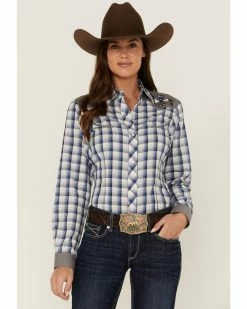 Roper Women's Plaid Print Long Sleeve Western Snap Shirt Blue -Roper Shop 2000358918 400 P1 1
