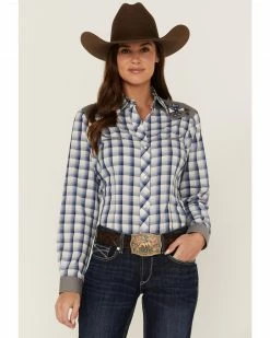 Roper Women's Plaid Print Long Sleeve Western Snap Shirt Blue